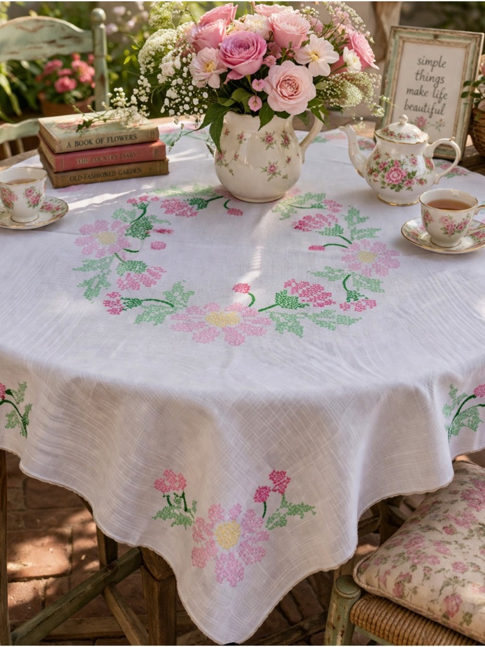 Heirloom Style Hand Embroidered Floral Tablecloth Vintage‎ Cottagecore Scalloped